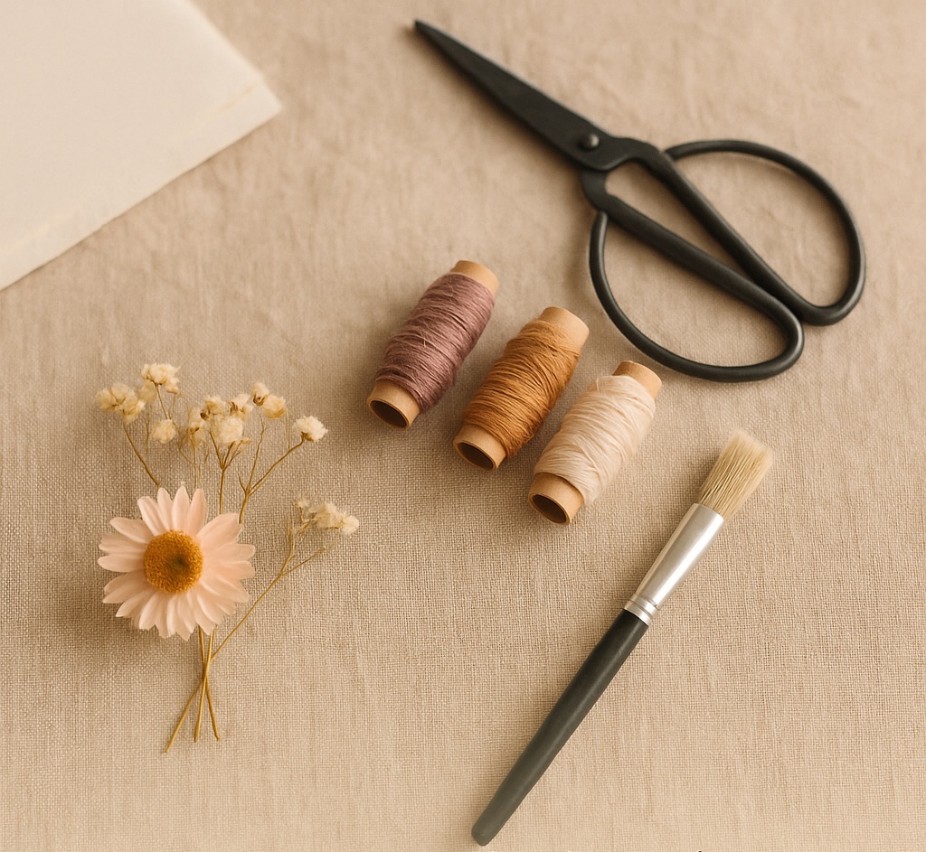 Materiales de manualidades sobre lino: hilos, tijeras, pincel y flores secas