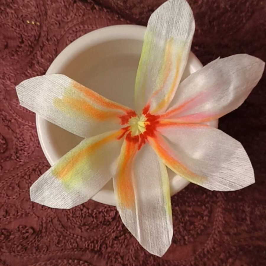 Flor de papel blanca con centro naranja y amarillo, creada a mano en un taller de NuriArte